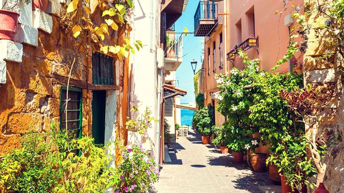 Grækenland Kreta Gade Blomster, Smal Gade, Havet 