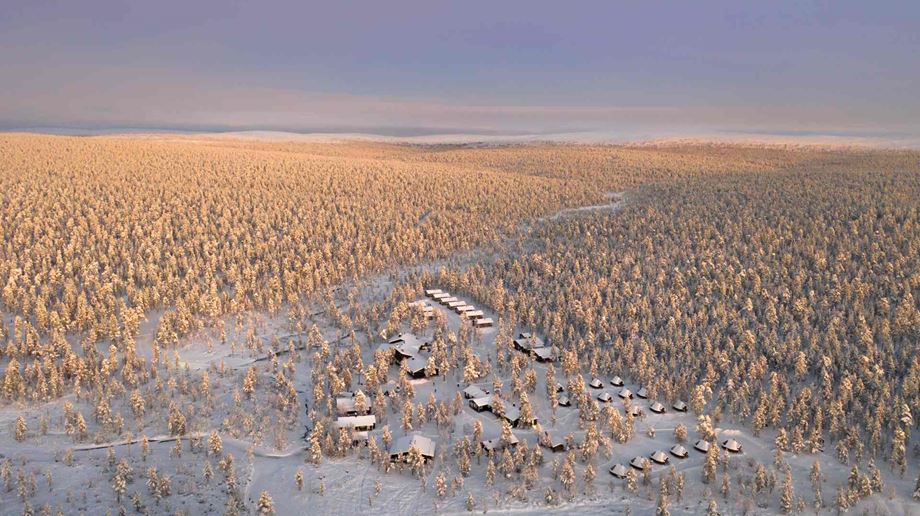 Finland, Finske Lapland, Moutka Wilderness Hotel, Efterår, Snelandskab, Tusmørke