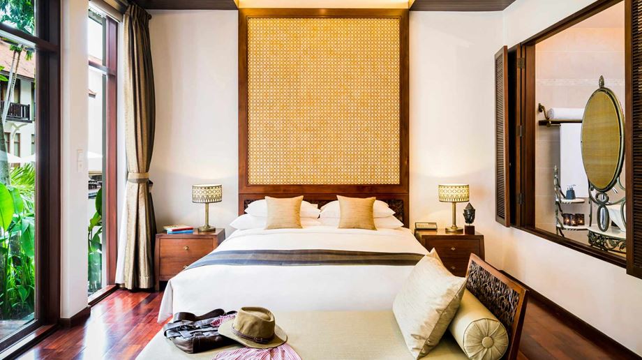 Cambodia, Siem Reap, Anantara Angkor Resort, Terrace Suite Bed Bathroom