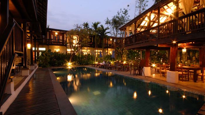 Thailand, Chiang Mai, Banthai Village, Pool Evening