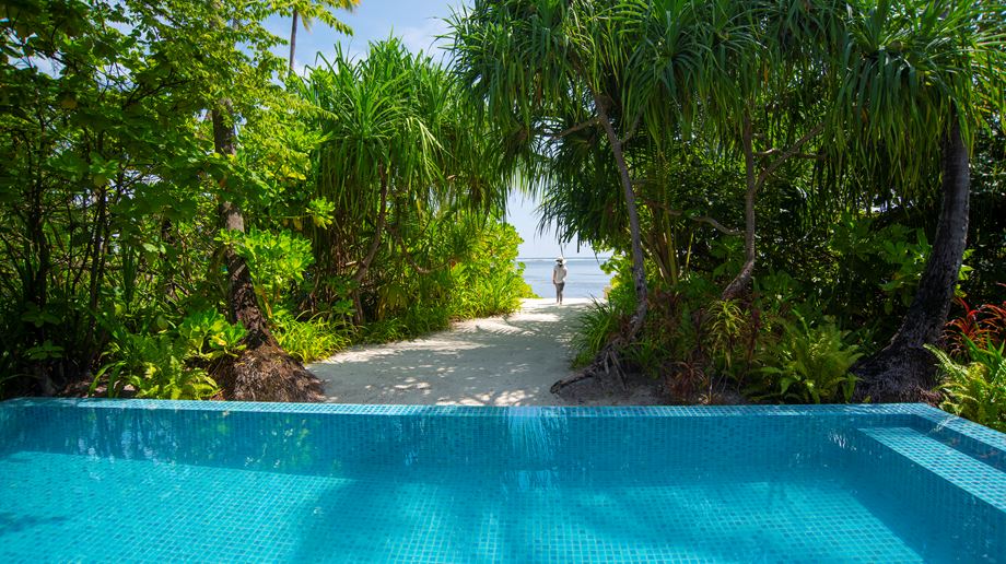 Rejser til Maldiverne, The Residence Maldives at Dhigurah, Udsigt til stranden fra deluxe beach pool villa
