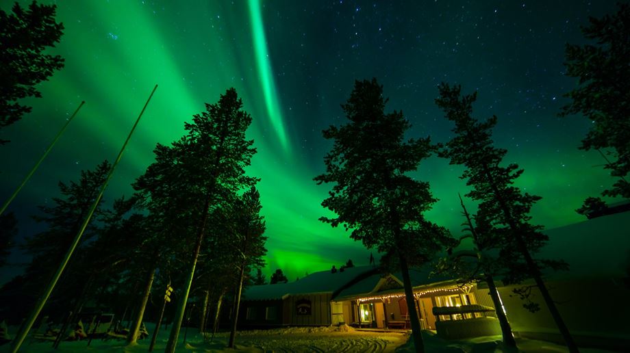 Finland, Finske Lapland, Moutka Wilderness Hotel, Nordlys, Aften, Grønne Farver