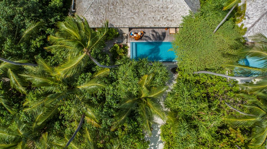 Den frodige vegetation omkring en deluxe beach pool villa