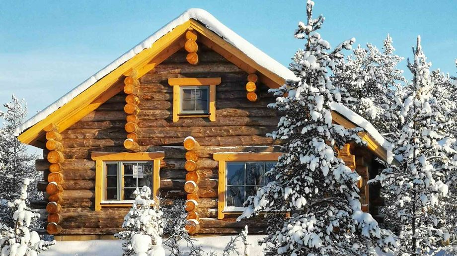 Finland, Finske Lapland, Moutka Wilderness Hotel, Log Cabin, Vinter, Snelandskab