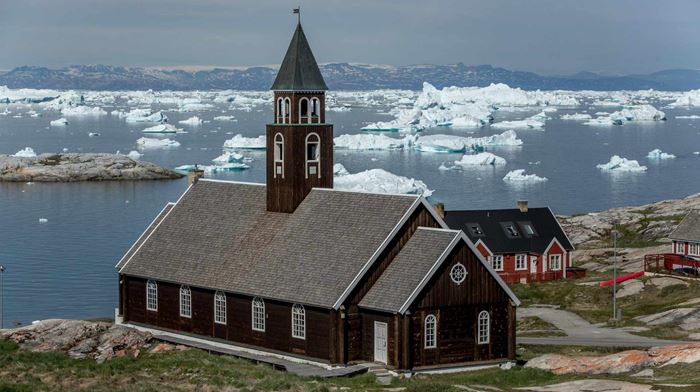 Grønland Ilulissat, Zions kirken, Diskobugten, Bygd, Vand, Is
