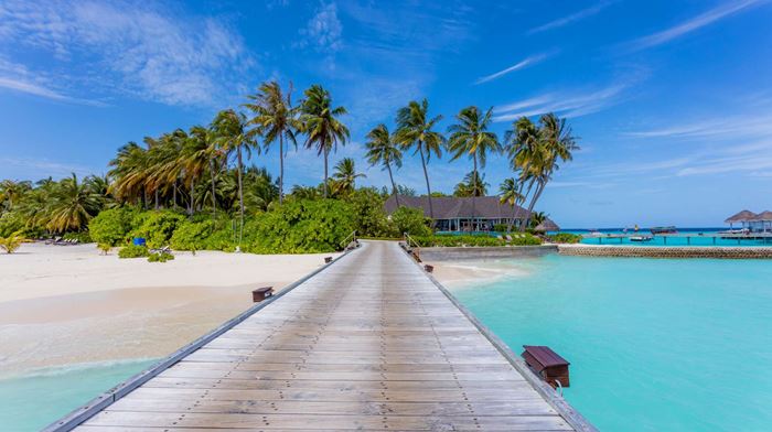 Rejser til Maldiverne, Centara Grand Island Resort & Spa, Bro til øen fra villaerne over vand