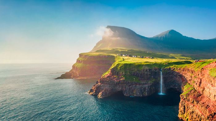 Færøerne Vagar Mulafossur Vandfald Set Fra Luften