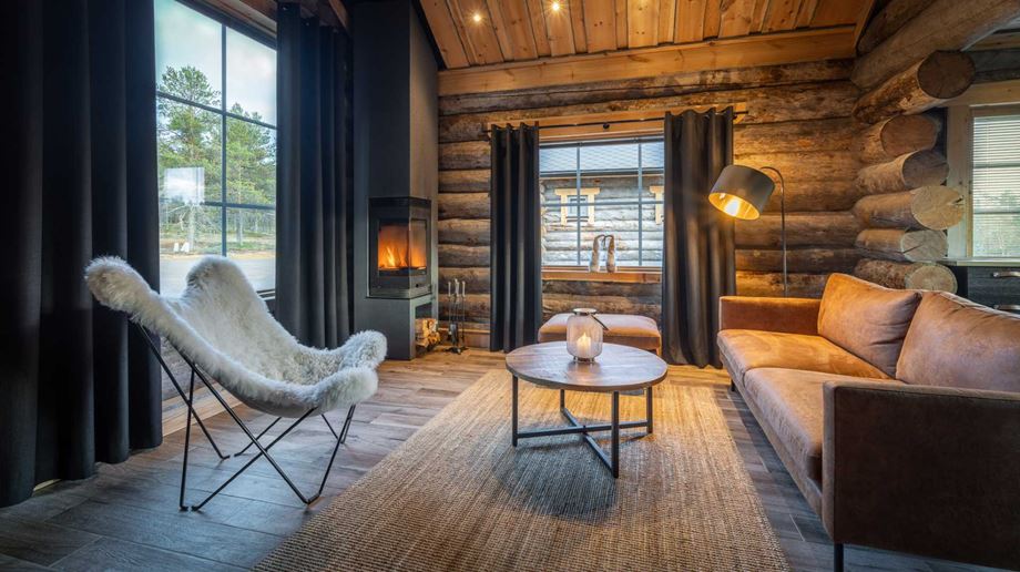 Finland Lapland Moutka Wilderness Hotel Riverside Log Cabin stue