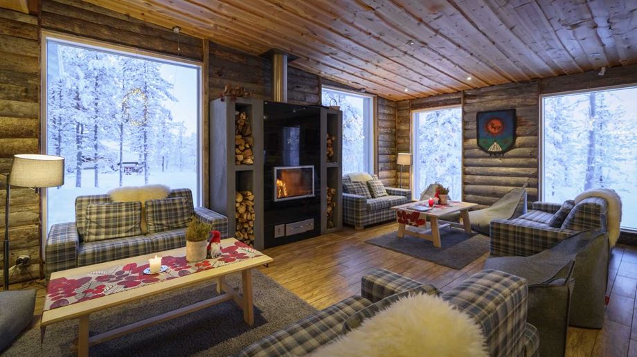 Finland, Finske Lapland, Moutka Wilderness Hotel, Lobby, Lounge Area, Sne, Vinter
