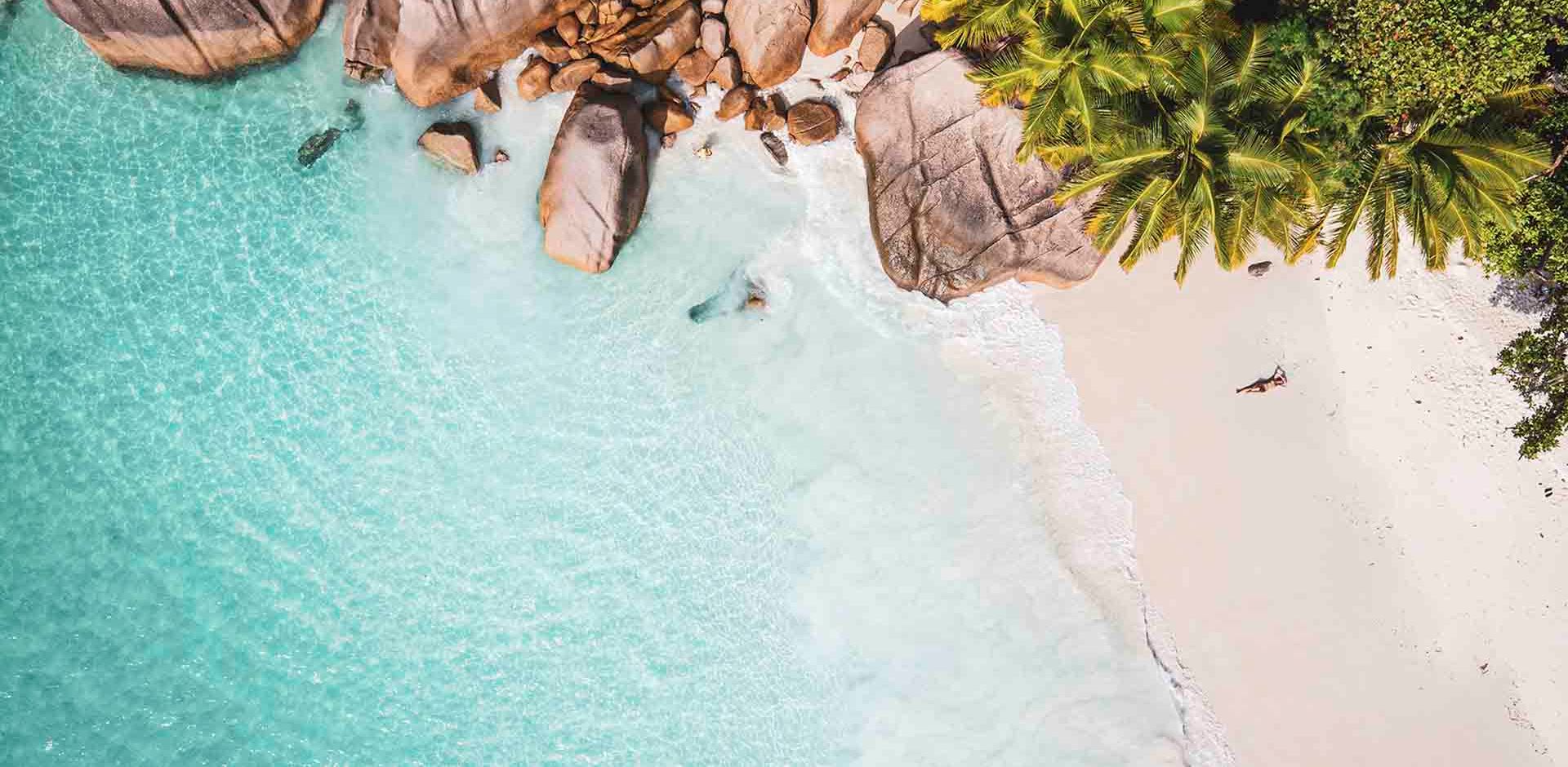 Seychellerne Drone Skud Kvinde Ligger Paa Strand Ved Hav Palme