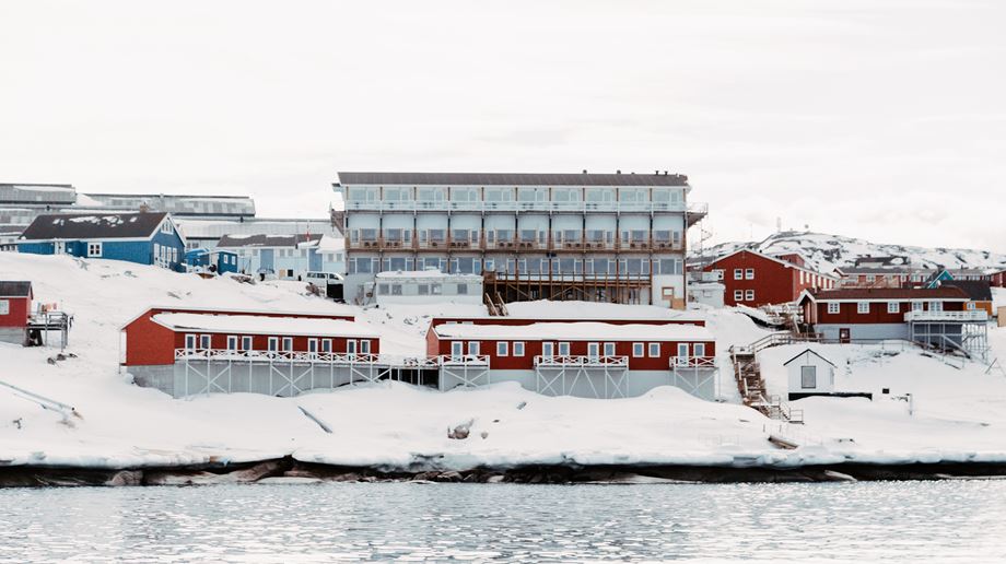 Grønland, Illulissat, Hotel Hvide Falk, Snelandskab, Vand, Røde Huse