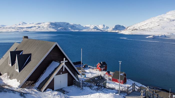 Grønland, Kapisillit Kirke, Sne, Vand, Bjerge Natur