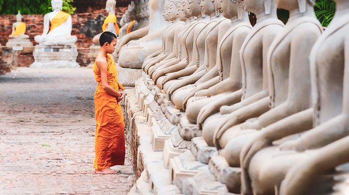 Thailand Munk Staar Ved Buddha Statuer Sck