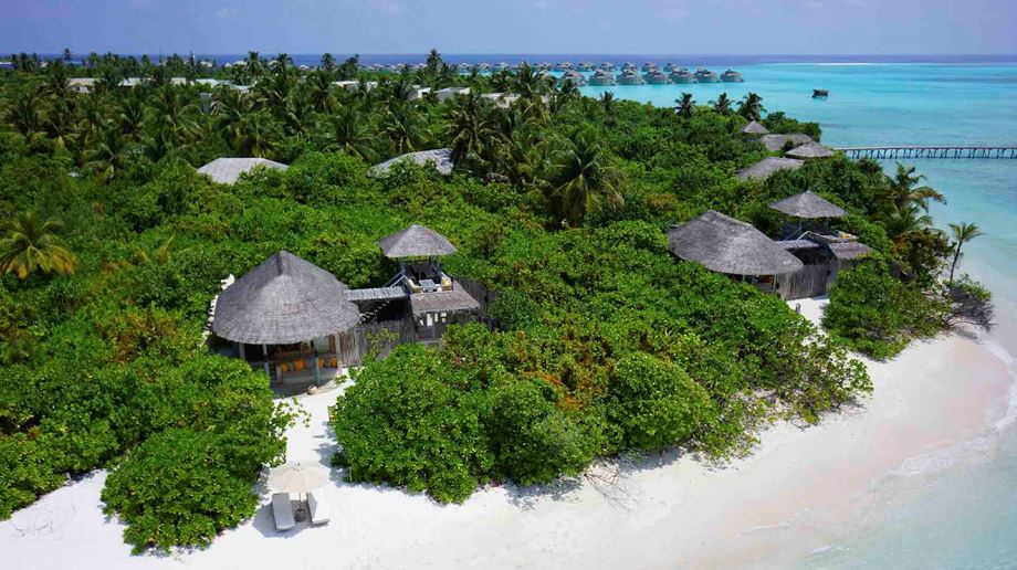 Beach villaer i den frodige vegetation på Six Senses Laamu