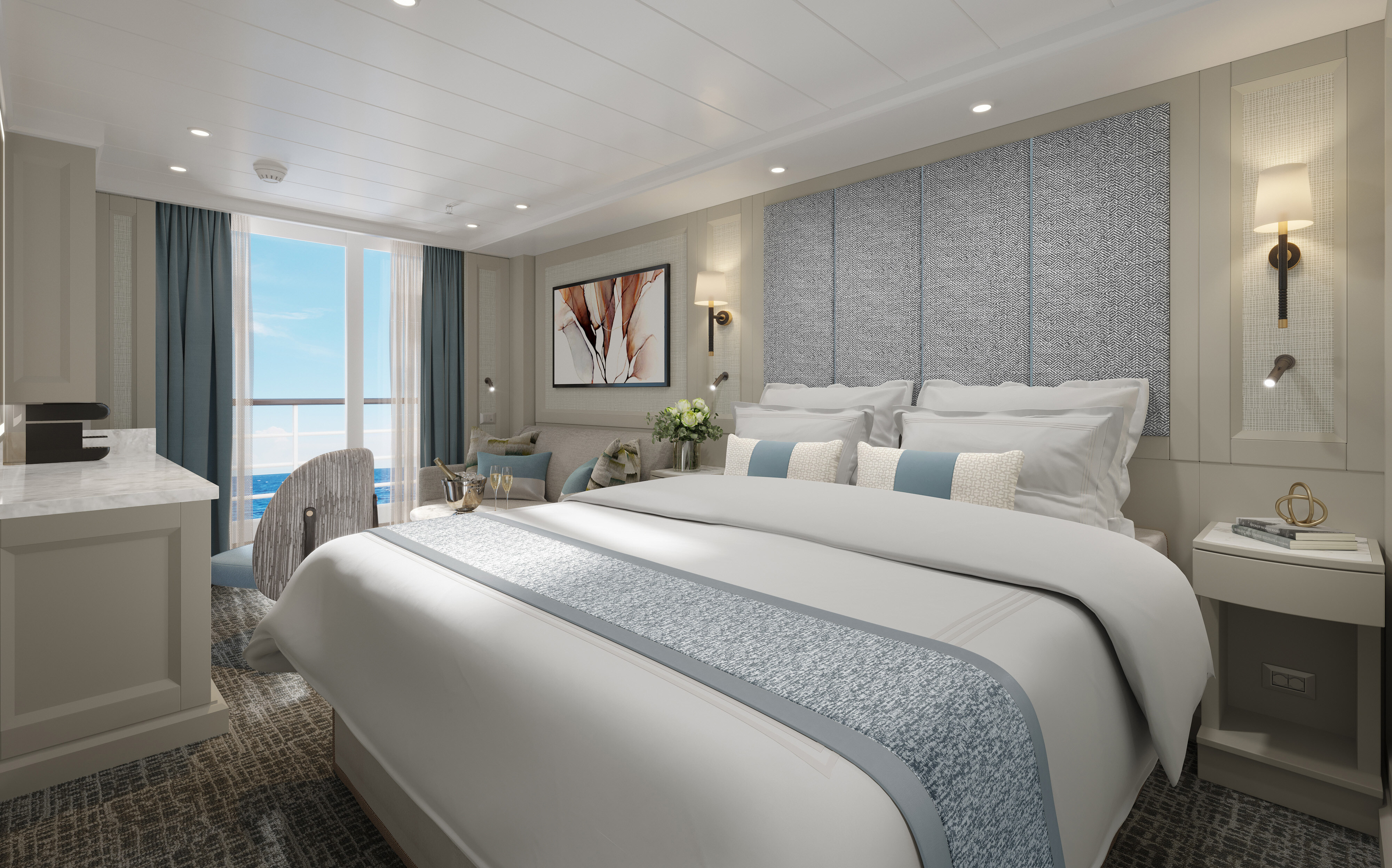 Deluxe Veranda Suite med dobbeltseng, siddeområde og privat balkon med havudsigt