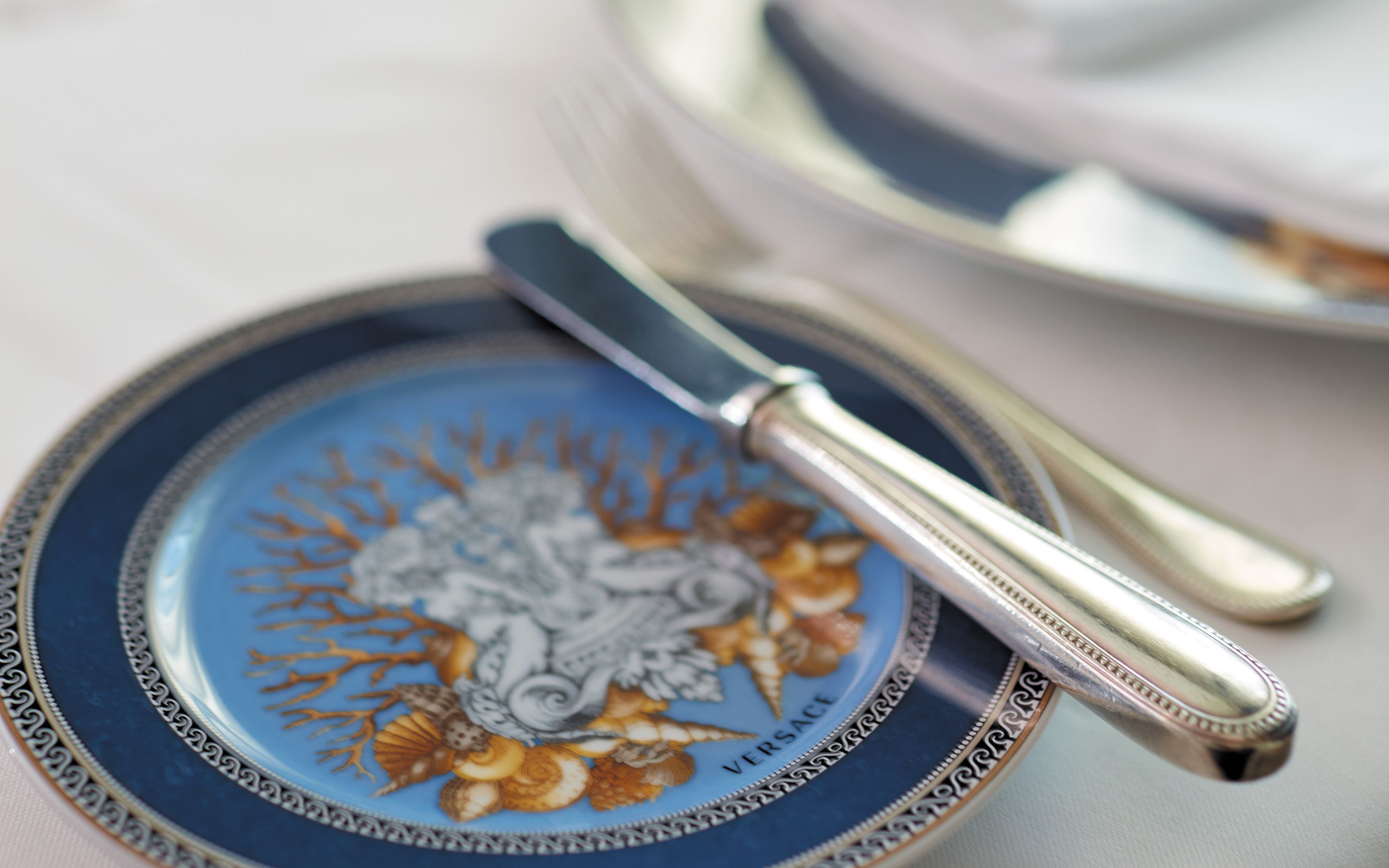 Eksklusiv Versace-tallerken med sølvbestik i krydstogtskibets fine dining restaurant